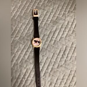 Vintage Timex Ba Cell Watercolors Face Watch Ladies Black Strap Cream Face